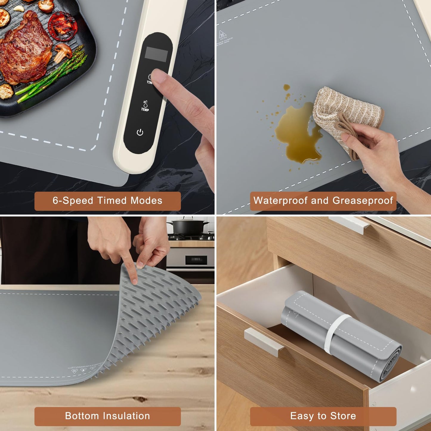 FYY Extra Large Warming Mat for Food - Rapid and Full Surface Heating, 6 Temp Settings, 6H Timer, Rollable Portable Food Warming Mat for Gatherings, Parties, Keep Meal Warm (XX Large Size, Gray)