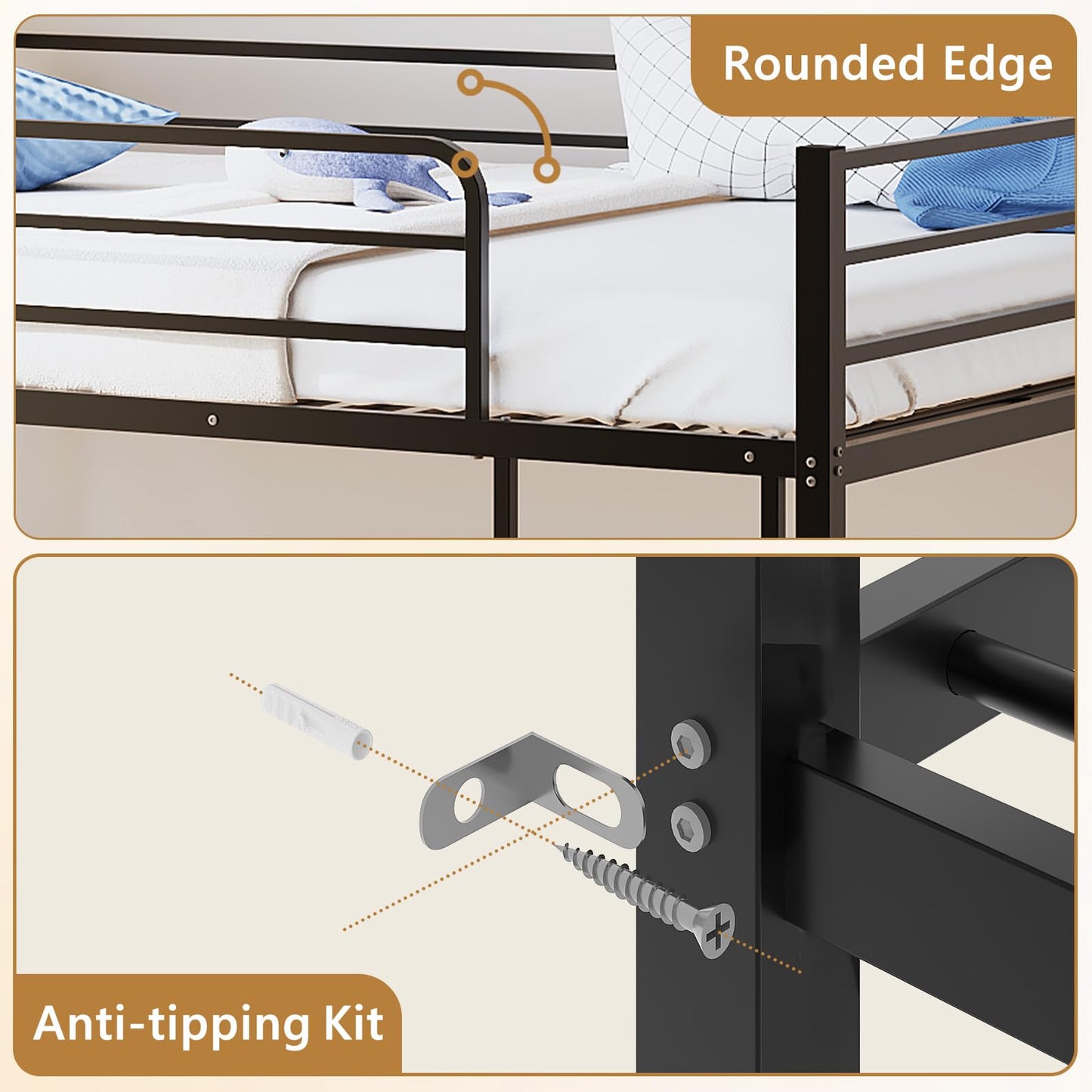 JOYMOR Metal Bunk Bed Full Over Full, Twin Size Bed Frame for Boys Girls, Junior, Low Profile Bunk, Space Saving Design, Mattress Not Included (Black)