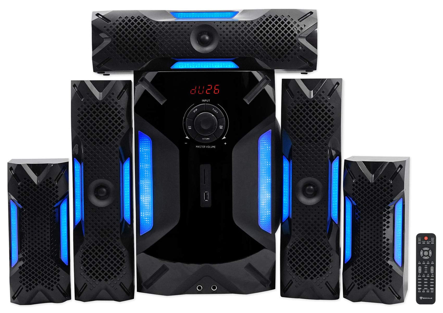 Rockville HTS56 1000W 5.1 Channel Home Theater System, Bluetooth, USB, 8" Subwoofer, LED Light Effects, Remote Control, Optical Input, for Movies, Music & Karaoke