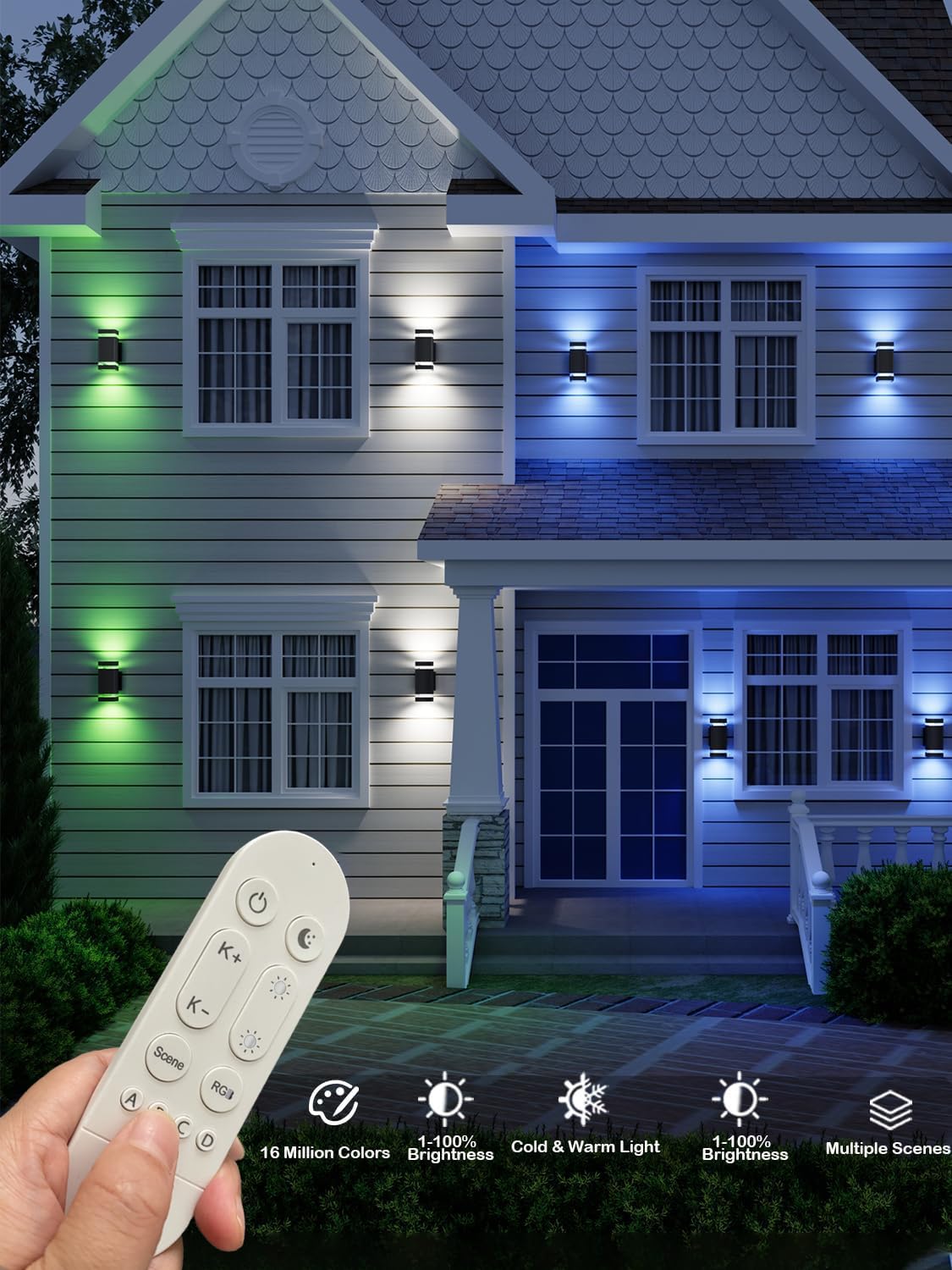 rosykite Mi.Light RF Remote Control RGB Colour Changing Lighting LED Double Up and Down Outdoor Wall Light,White Temperature 2700k- 6500k RGB+CCT Exterior Wall Lighting (3 Pack)