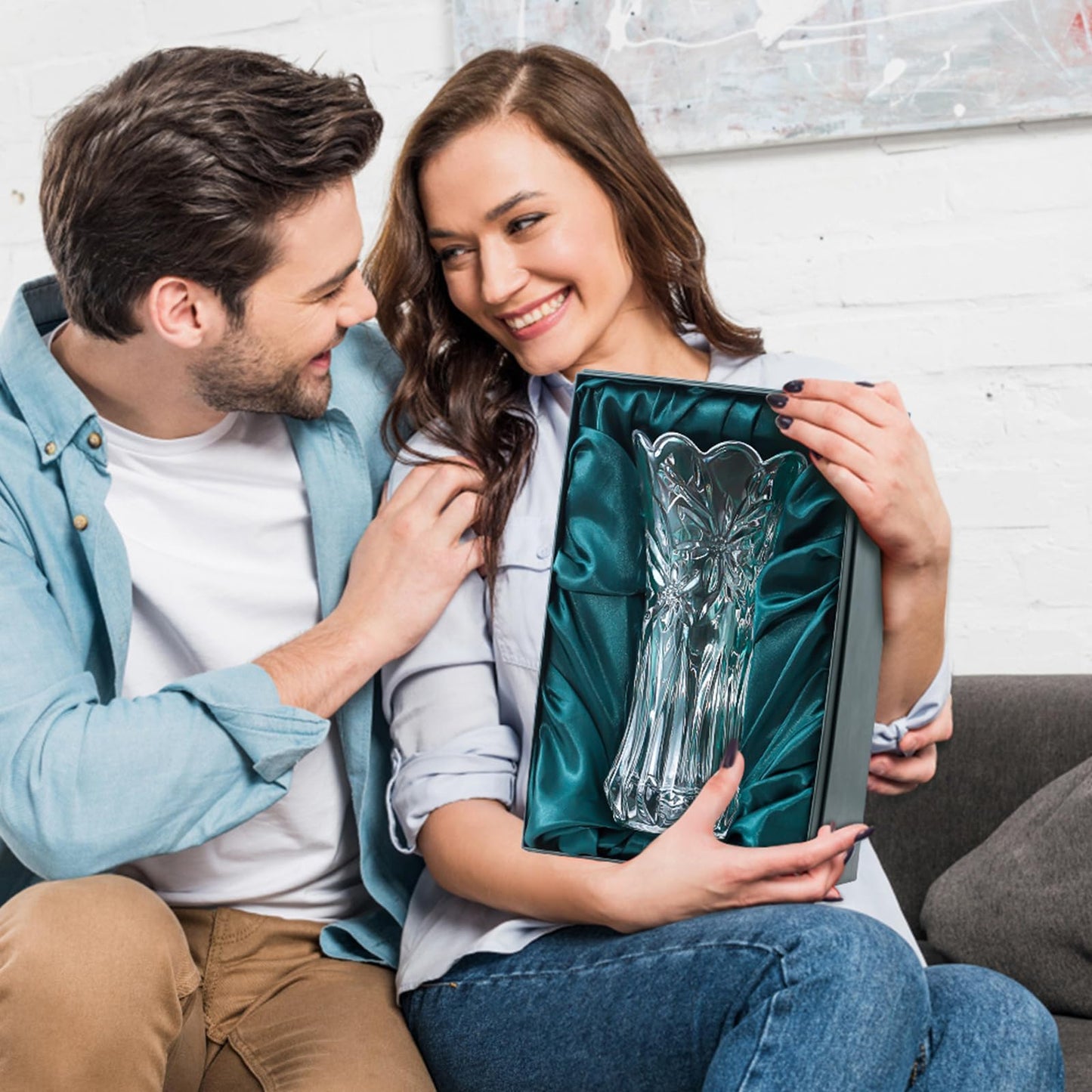 12" Glass Crystal Vase for Flowers with Luxury Gift Box, Elegant Tall Clear Vases for Wedding, Valentine Gift, Large Floreros Centerpieces for Living Room Home Décor