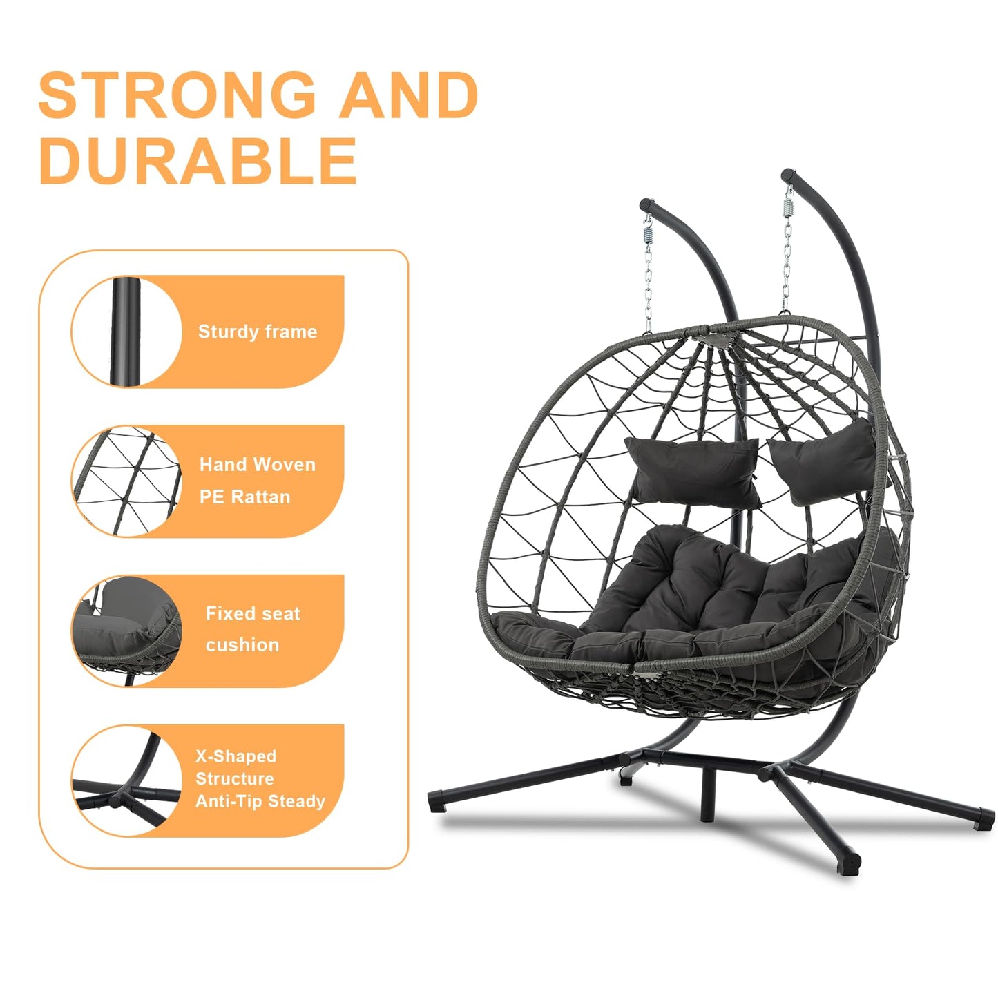 Anranni Double Egg Swing Chair with Stand, 2 Person Outdoor Indoor Hammock Hanging Chair with Cushion,Patio Wicker Hanging Egg Chair w/Cushion 700LBS Capacity for Bedroom, Balcony, Garden