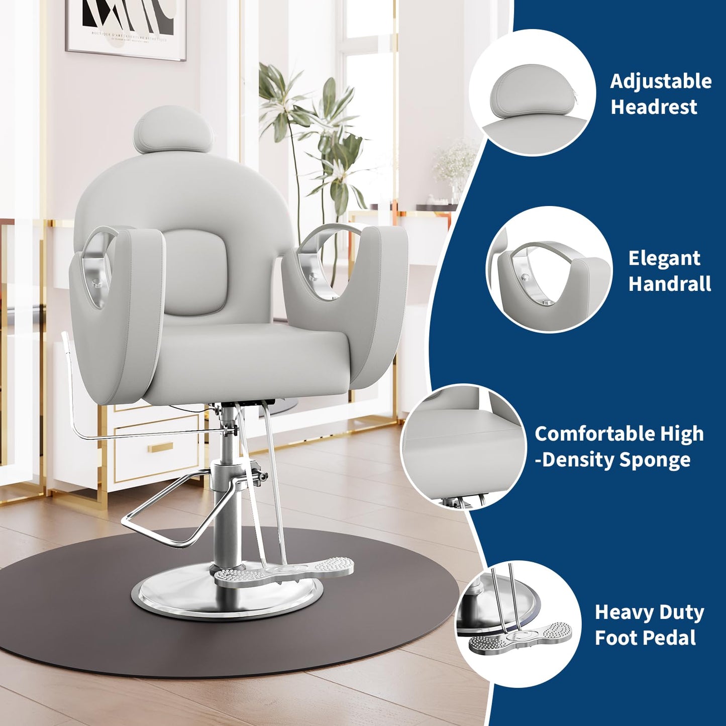 PeakPursuit Reclining Barber Chair, 360° Swivel Hydraulic Styling Chair with Heavy Duty Hydraulic Pump for Hair Stylist Barbershop Home Spa Shampoo, Grey