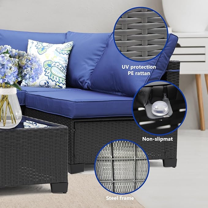 3D MATRIX 8 Pieces Patio Furniture Set with 28" Fire Pit Table, Wicker Outdoor Sectional Couch, Rattan Conversation Set for Backyard, Deck, Garden Lawn, Coffee/Blue