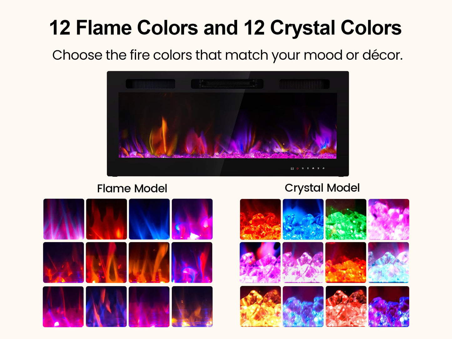 Electric Fireplace 50 Inch Wall Mount Insert Fireplaces Realsmart 1500W,Fit for 2 X 6 stub,Ultra-Thin Heater Ultra-Thin with 3 Heating Modes Timer 12 Adjustable Flame Colors Touch Remote Control