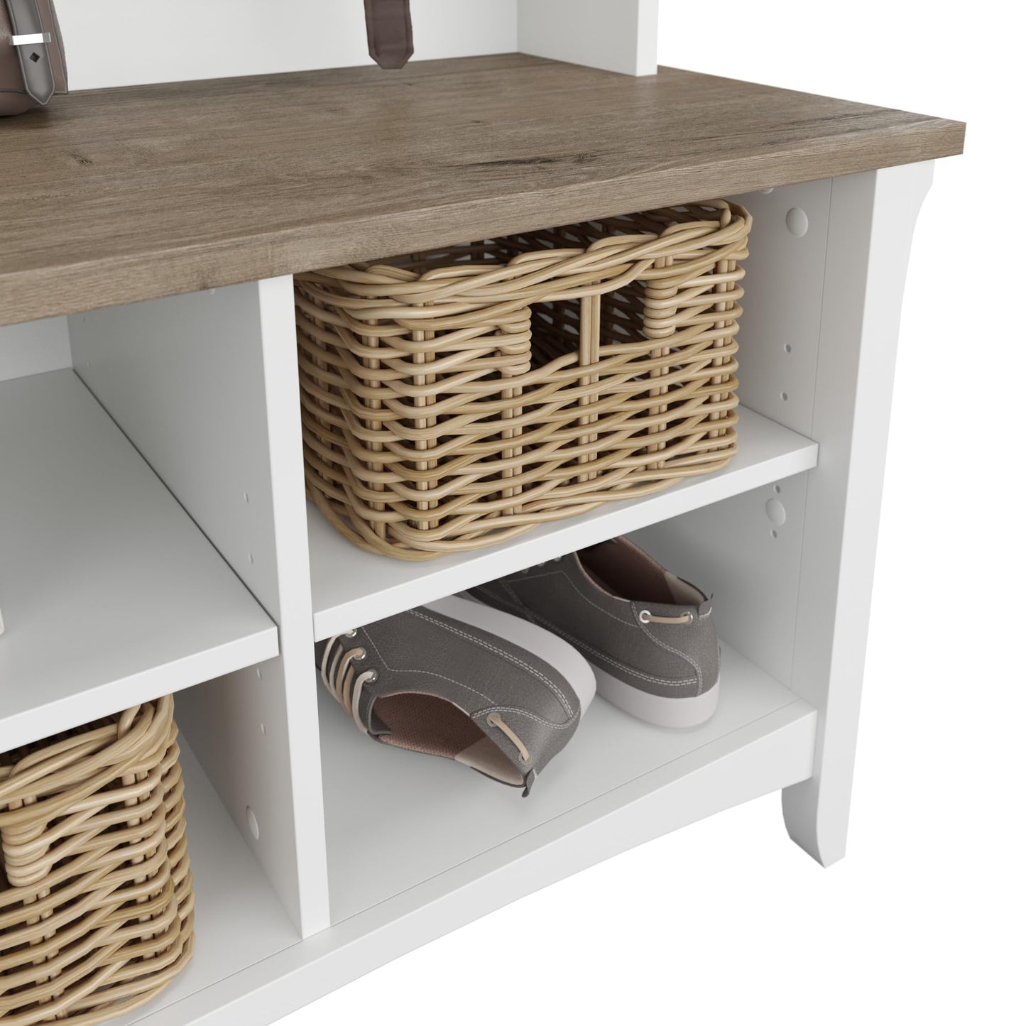 Bush Furniture Salinas Hall Tree with Shoe Storage Bench in Shiplap Gray and Pure White, Multi-Purpose Home Organizer, Entryway Solution with Seating and Hooks