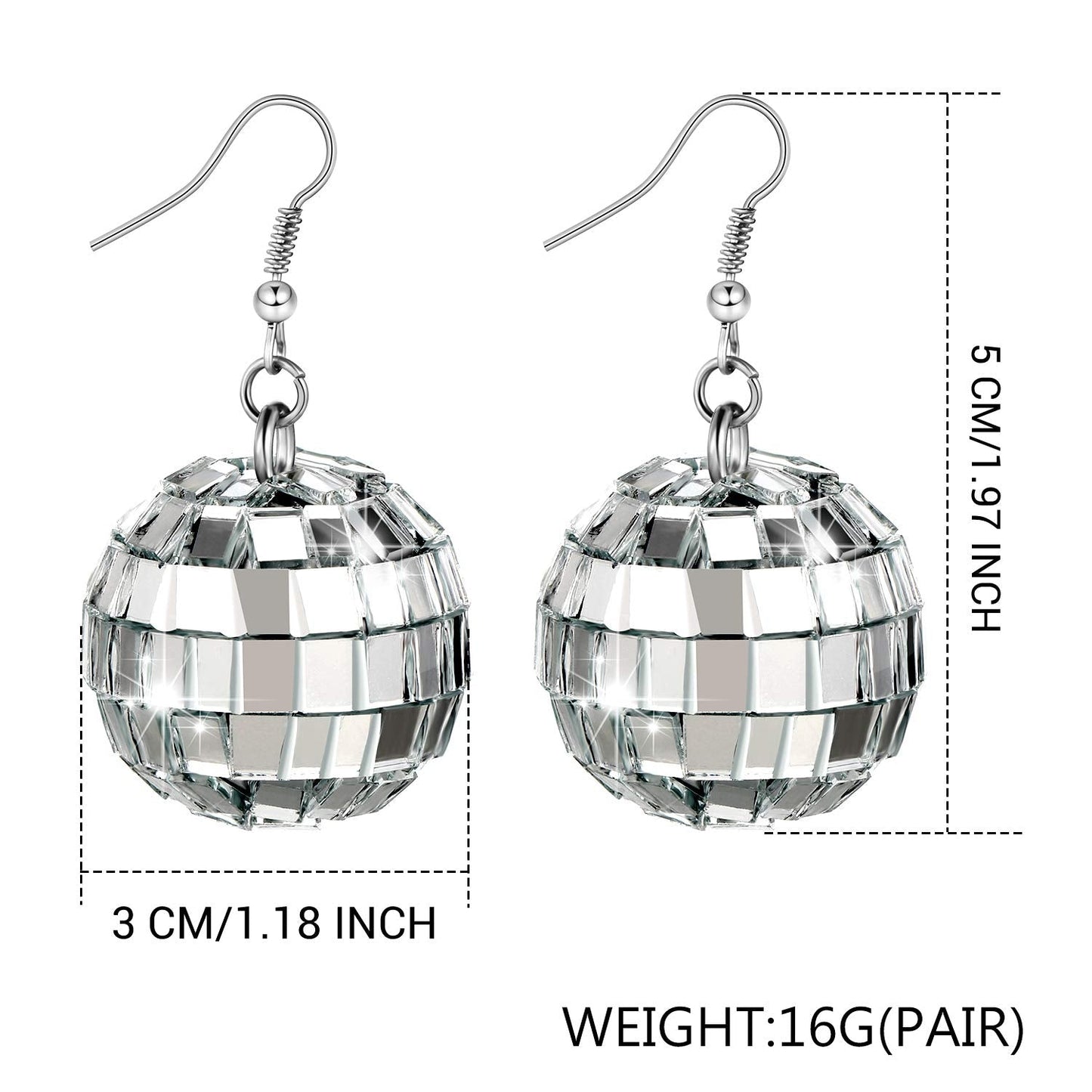 Hicarer 5 Pairs Disco Ball Earrings 30 mm 60's 70's Dance Party Silver Costume Accessories for Women Christmas Disco Outfits