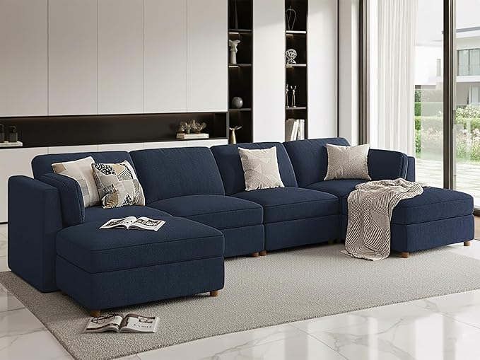 CUGOAO 153.4'' Modular Sectional Sofa, Oversized U-Shaped Sectional Couch with Ottoman, Deep Seat Chenille Cloud Couch, Mordern Upholstered Couches for Living Room, Apartment, Office, Blue