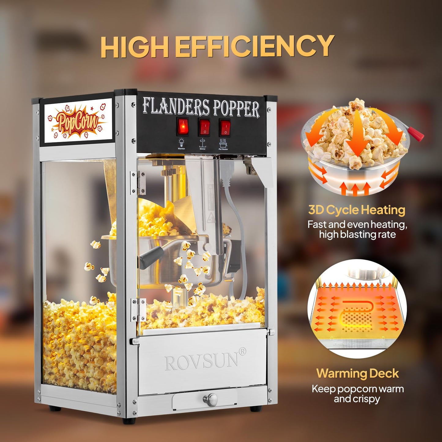 ROVSUN Popcorn Machine with 8 Ounce Kettle Makes Up to 32 Cups, Commercial Popcorn Machine Countertop Popcorn Maker w/Stainless Steel Scoop, Oil Spoon & 3 Popcorn Cups for Home Movie Theater, ETL