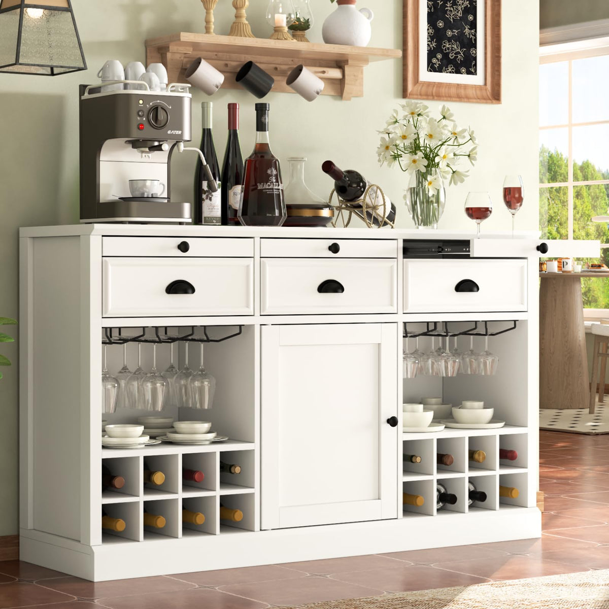 Loomie Wine Bar Cabinet with Pull-Out Trays & Drawers, Liquor Cabinet with Wine Rack & Stemware Holder, Coffee Bar Cabinet with Door & Adjustable Shelf, Kitchen Buffet Cabinet for Home Pub (White)