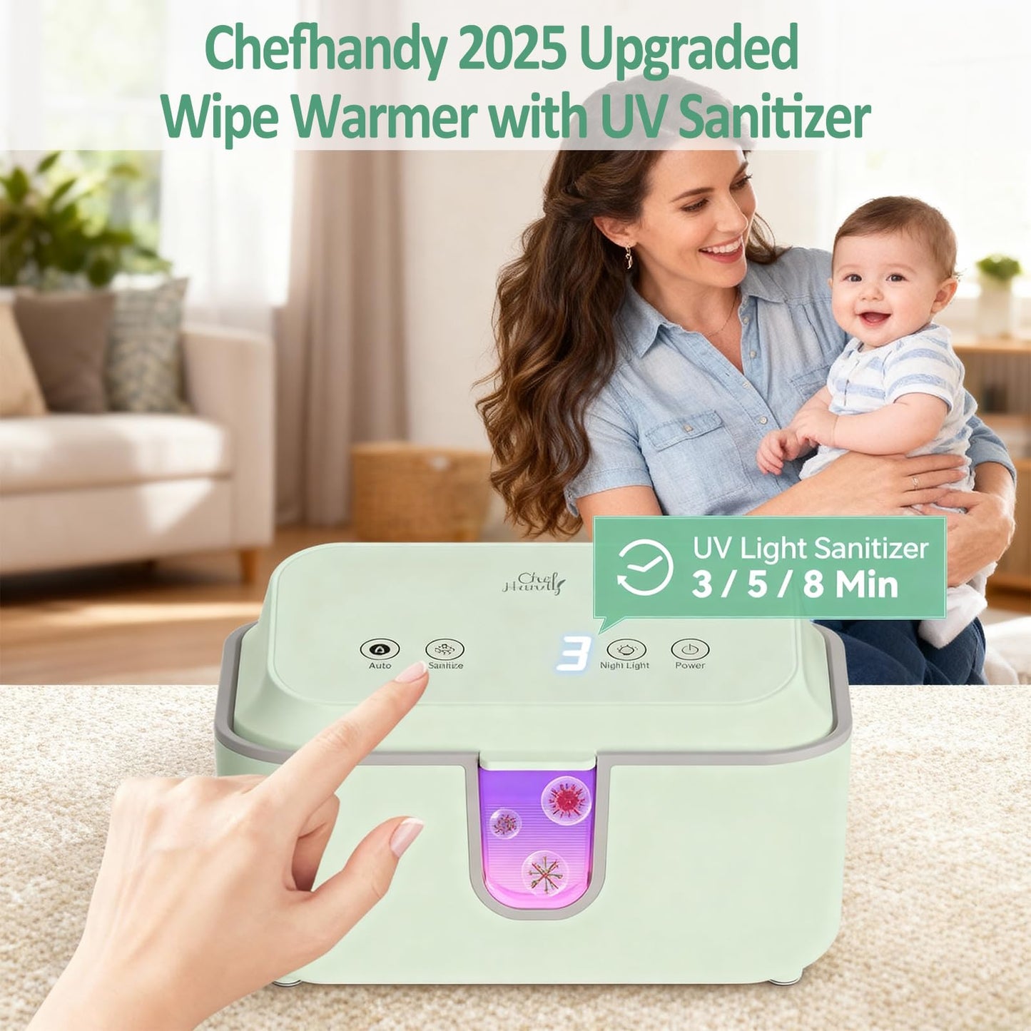 Chefhandy Baby Wipe Warmer, Wipe Warmer and Baby Wet Wipes Dispenser with UV Light Sanitizer,Baby Wipes Warmer for Babies,3 Heat Modes,Night Light,Heating Silence,Large Capacity Wipes Warmer (Green)