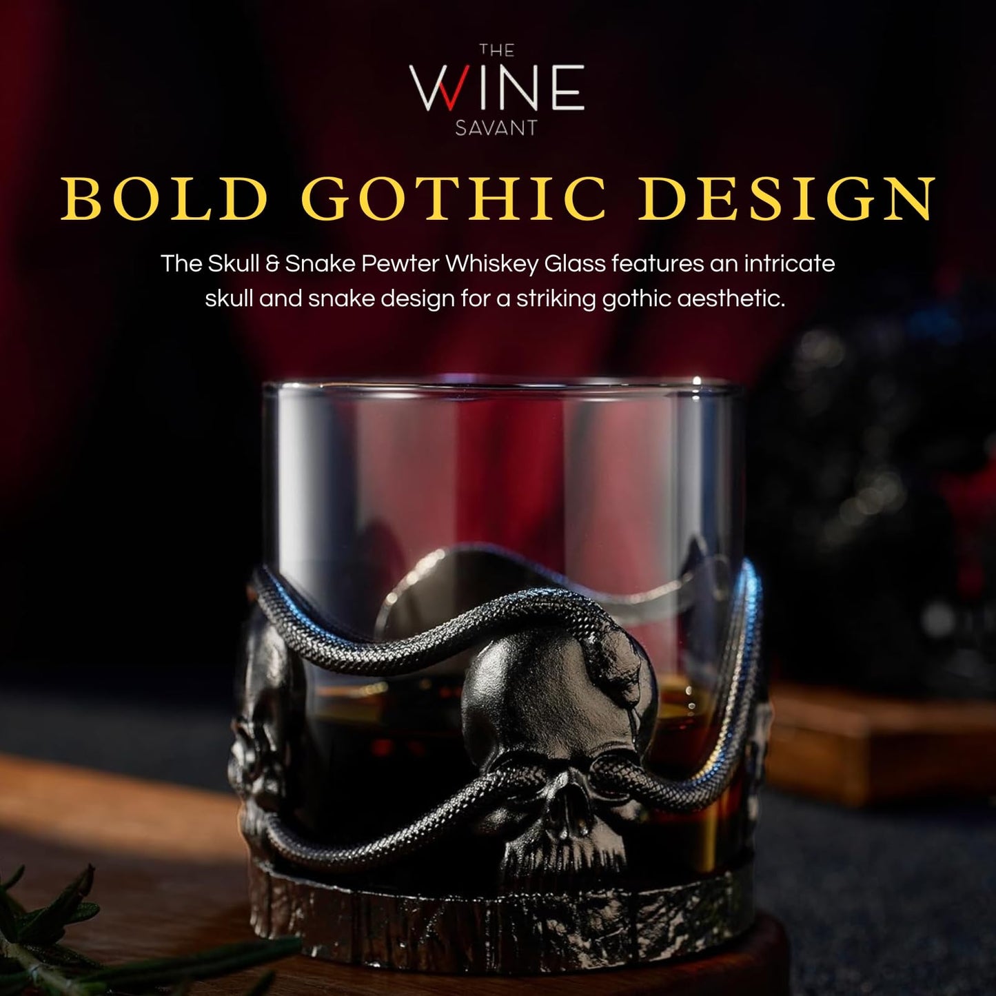 Skull & Snakes Pewter 2x Set Whisky Glasses, Whiskey, Wine, Beer & Water -12.5oz - Water, Rum, Brandy & Scotch, Elegant, Goth Gift Spooky Crystal Cup, Gifts Men & Women, Old Fashioned Skulls Glass