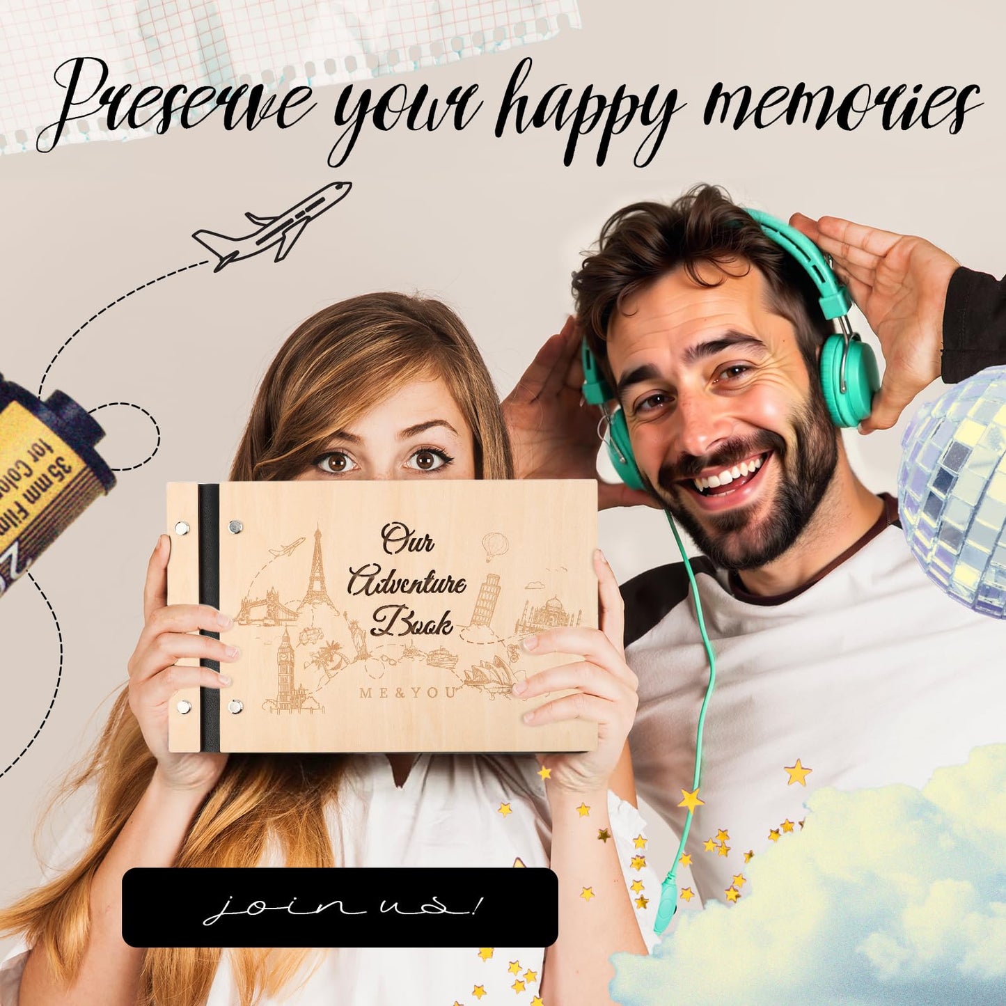 Our Adventure Book Scrapbook Photo Album Travel Journal Book - Anniversary Wedding Bridal Shower Gifts for Bride Couple Newlyweds - Travel Diary Journal Scrap Book Kit for Couples Boyfriend Girlfriend