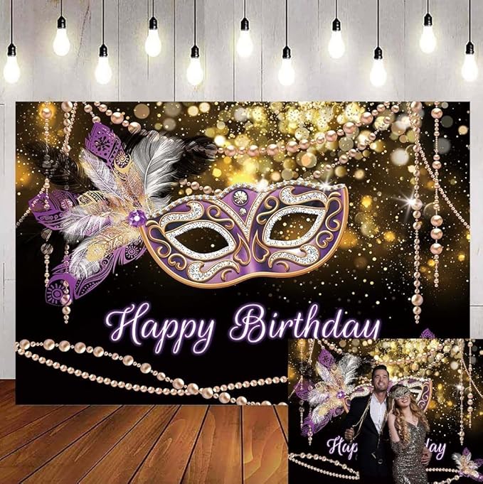 Mardi Gras Birthday Backdrop Masquerade Purple Mask Gold Glitter Feathers Photography Background Retro Women Dress-up Part...