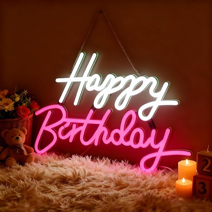 Neoflarea Happy Birthday Neon Sign, Birthday Neon Signs for Wall Decor, USB Powered Dimmable Neon Light, LED Happy Birthda...