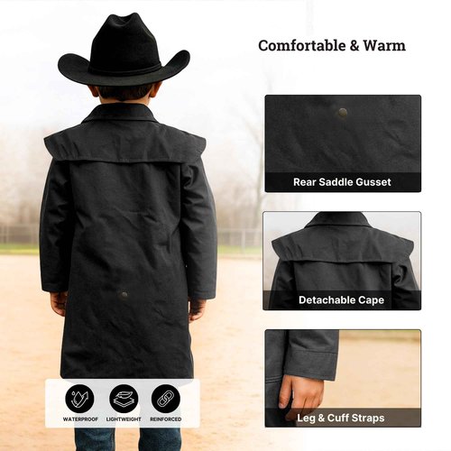RESISTANCE Unisex Western Oilskin Waterproof Duster Coat, Workwear Kids Rain Coat With Brass Button And Pockets