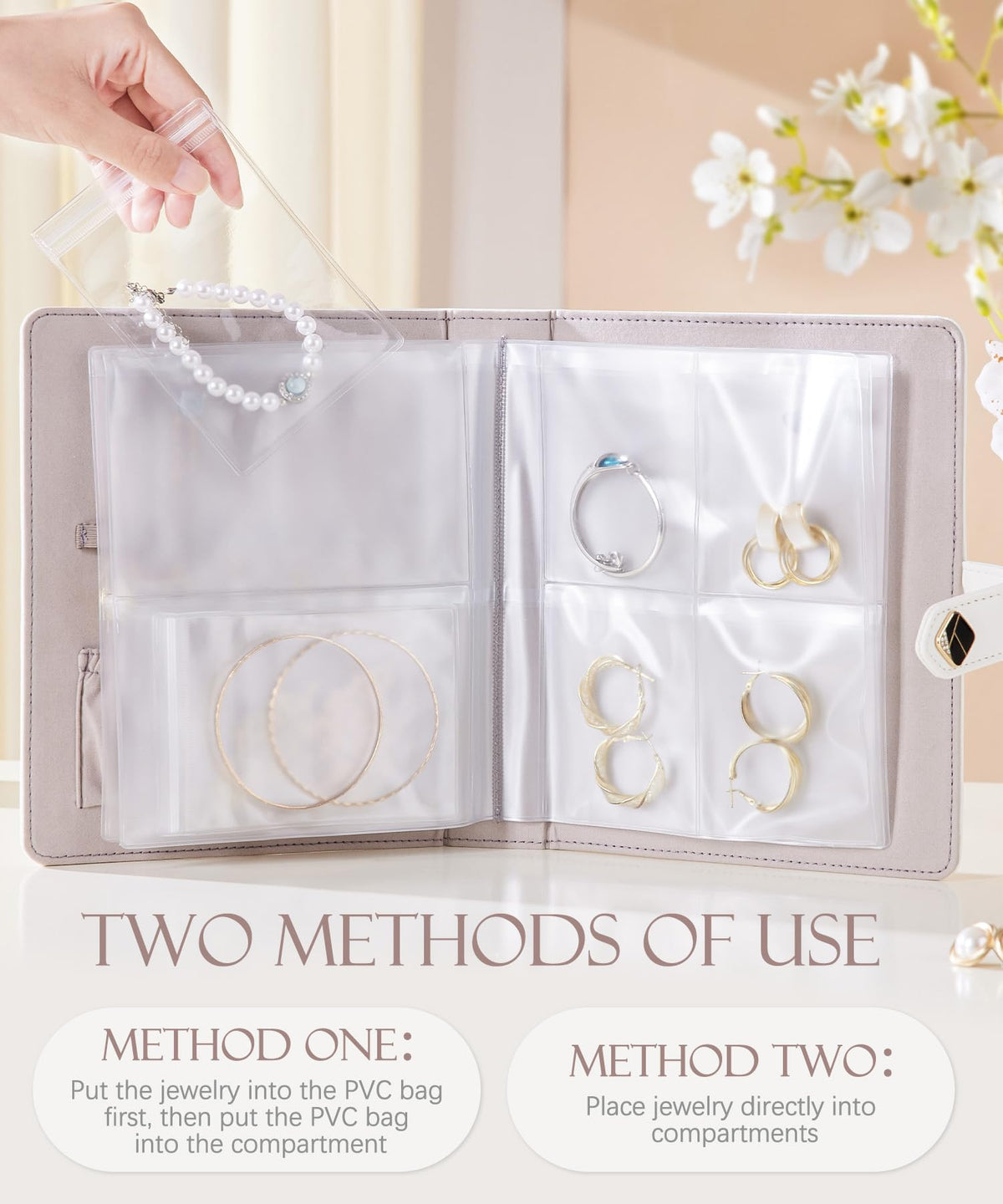 Homde Women Travel Jewelry Box: Traveling Organizer for Ring Necklace Bracelet - Storage Book with Plastic Pouches for Friend Sister Mother