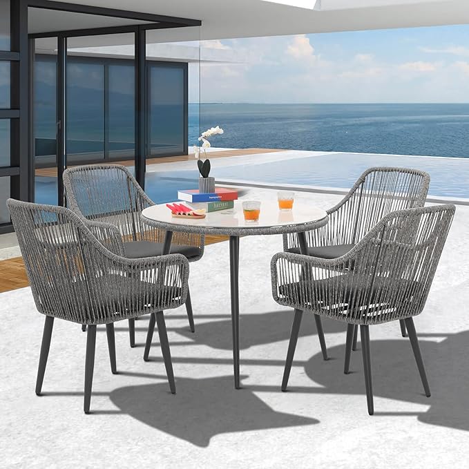 Patiorama Outdoor Dining Chairs, Patio Dining Chair Set of 2, All-Weather Woven Rope Rattan Chairs, Outdoor Dining Wicker Chairs with Armrests for Indoor Balcony Pool Backyard(Gray)