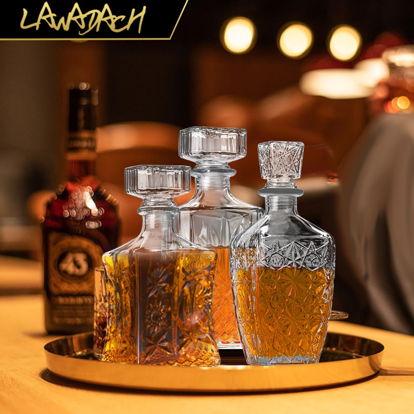 LAWADACH Whiskey Decanter, Liquor Decanters Set of 3, Glass Alcohol Bottle for Vodka, Tequila and Bourbon Unique Whiskey Bar and Party Decorations (28oz*2, 31oz*1)
