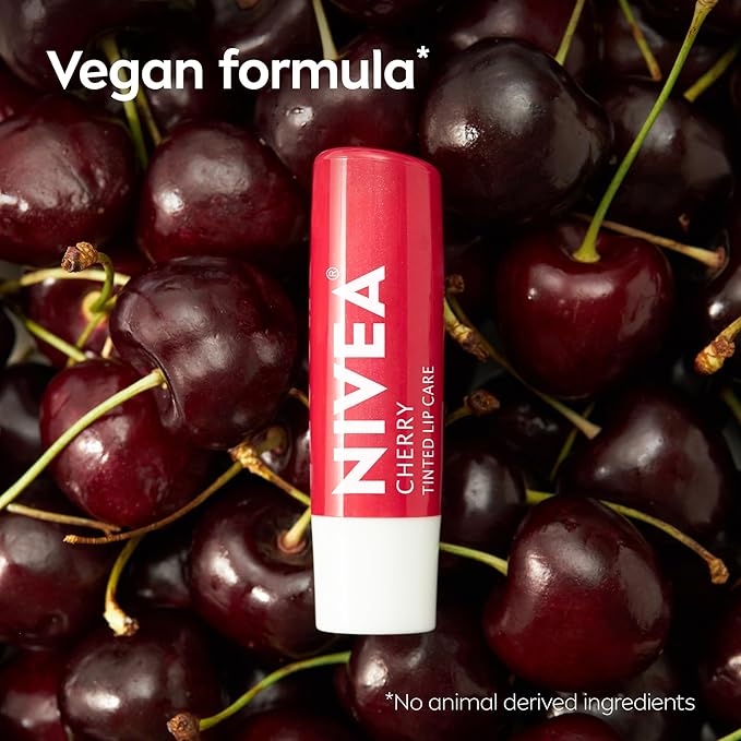 NIVEA Cherry Lip Care, Tinted Lip Balm Pack with Shea Butter, Nourishing Oils and Vitamin C & E, 3-in-1 Moisture, Repair and Color, 0.17 Oz Stick, Pack of 4