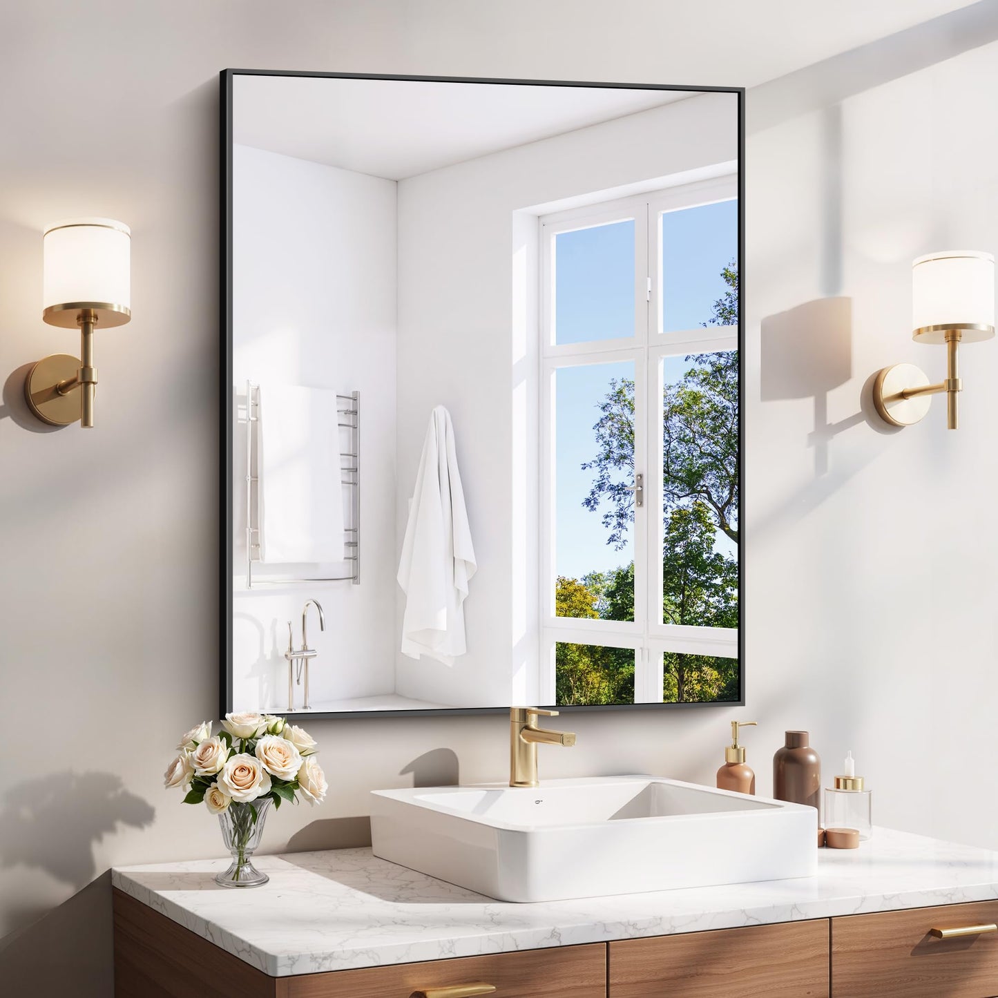 YIROMAN Bathroom Mirror for Wall 30"x36", Matte Black Bathroom Mirror with Metal Frame, Rectangular Vanity Mirror with Right Angles, Wall Mirror Hangs Horizontal or Vertical, Shatterproof