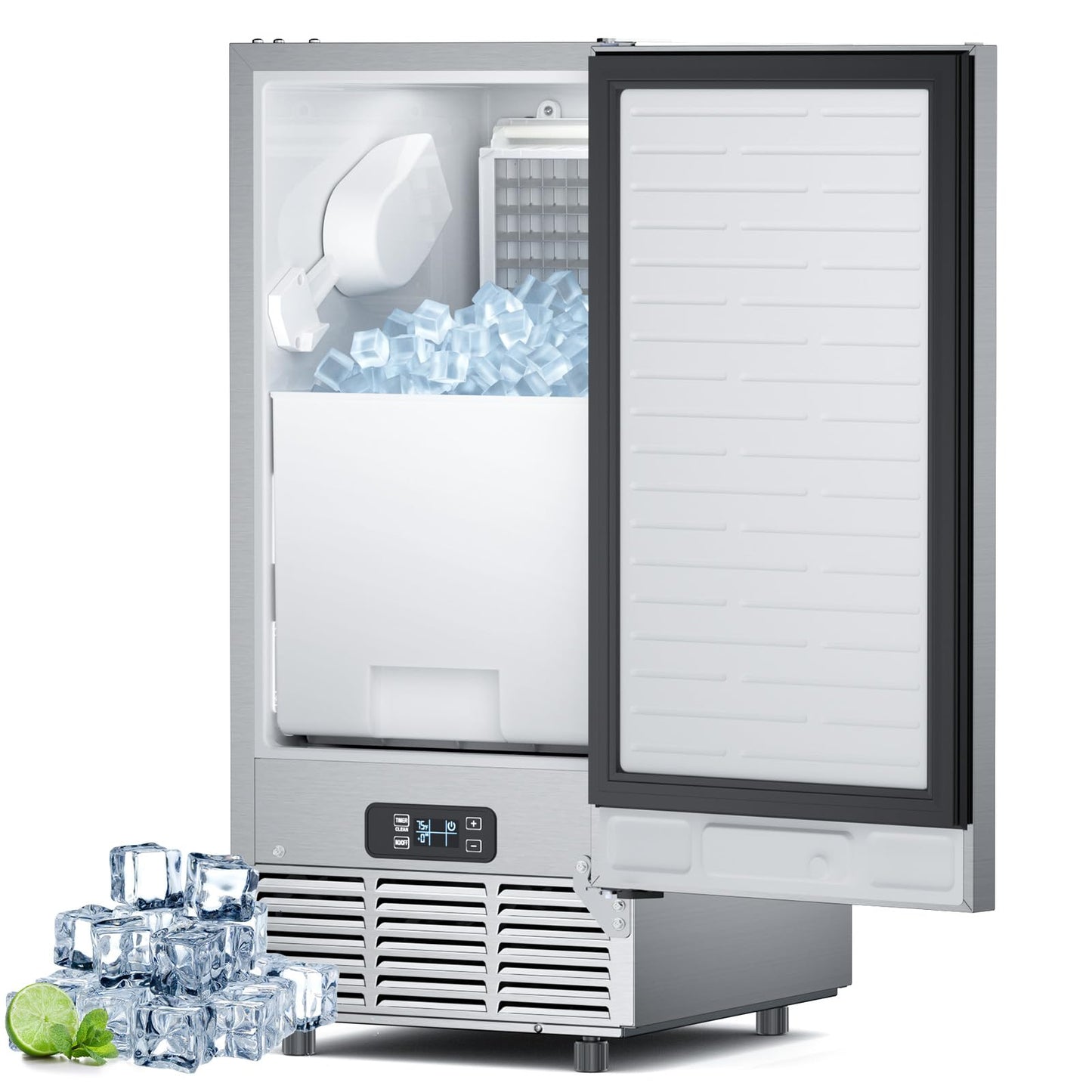 Commercial Ice Machine 85Lbs/24H, Commercial Ice Maker with 30 LBS Storage Bin, Ice Cubes Ready in 5-15 min, Freestanding or Under Counter Ice Maker Machine, Thicknesses Adjustable, Stainless Steel