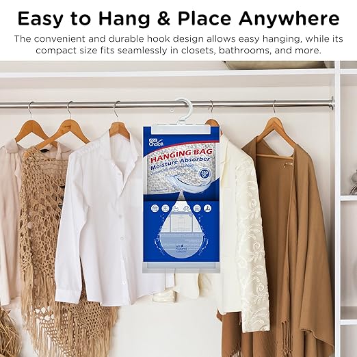 W&E Choice Moisture Absorbers Hanging Bag for Your Closet, Dehumidifier Bags for Bathroom, Fragrance Free Humidity Packs, 10 Pack