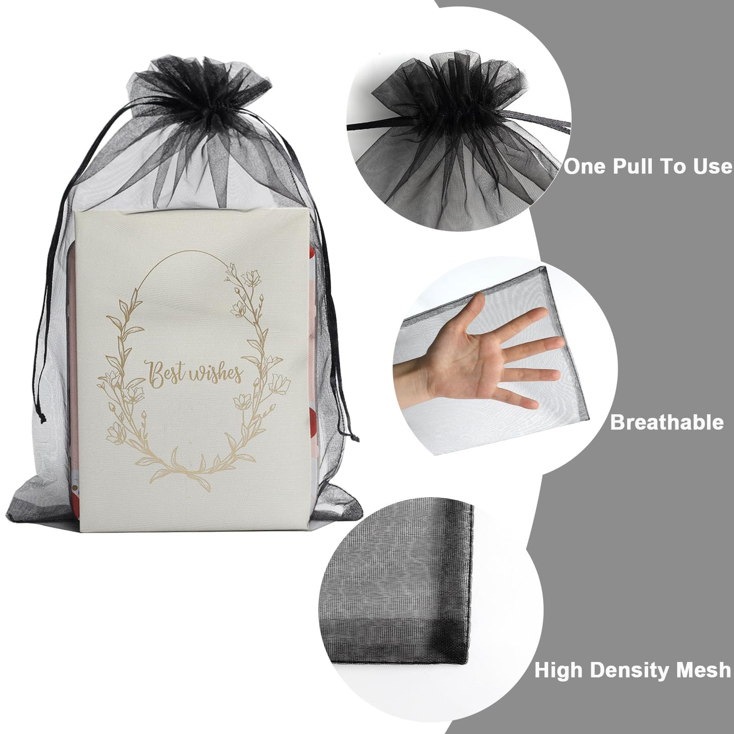 Uigidori 100 Pcs Premium Organza Bags, 8 x 12 Inches Sheer Organza Gift Pouches with Drawstring, Large Mesh Favor Bags for Wedding Favors, Party, Jewelry, Christmas, Makeup Wrapping Supplies (Black)