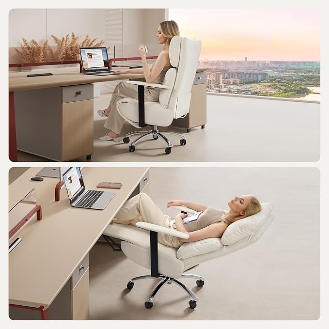 OKUP Reclining Office Chair with Adjustable Headrest and Footrest, 170° Ergonomic Comfortable Office Chair Zero Gravity, Leather Executive Home Office Desk Chair (Cream)