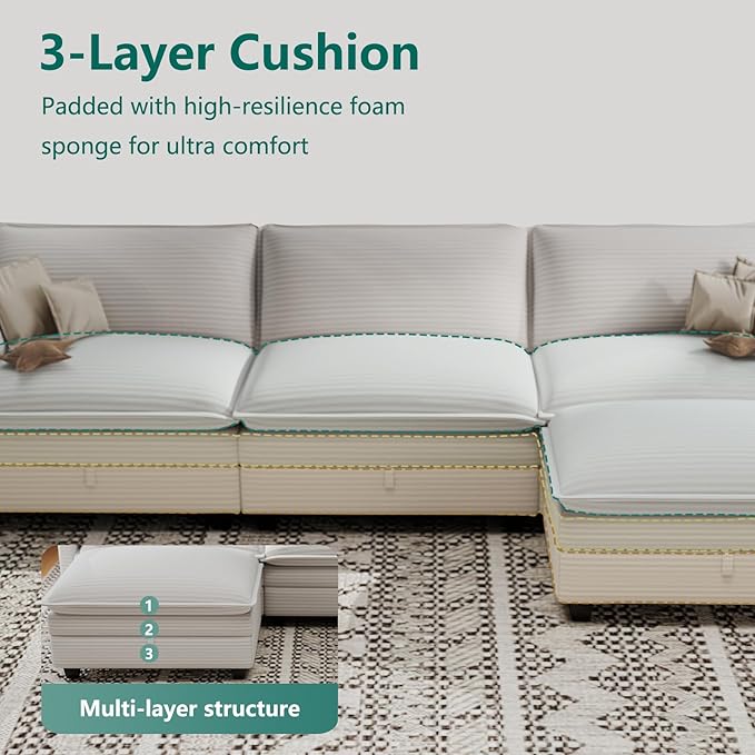 OhaiAura Modular Sectional L Shaped Sofa Couches with Storage Ottoman, Cloud Couch for Living Room, Comfy Sofa with Pillow, White