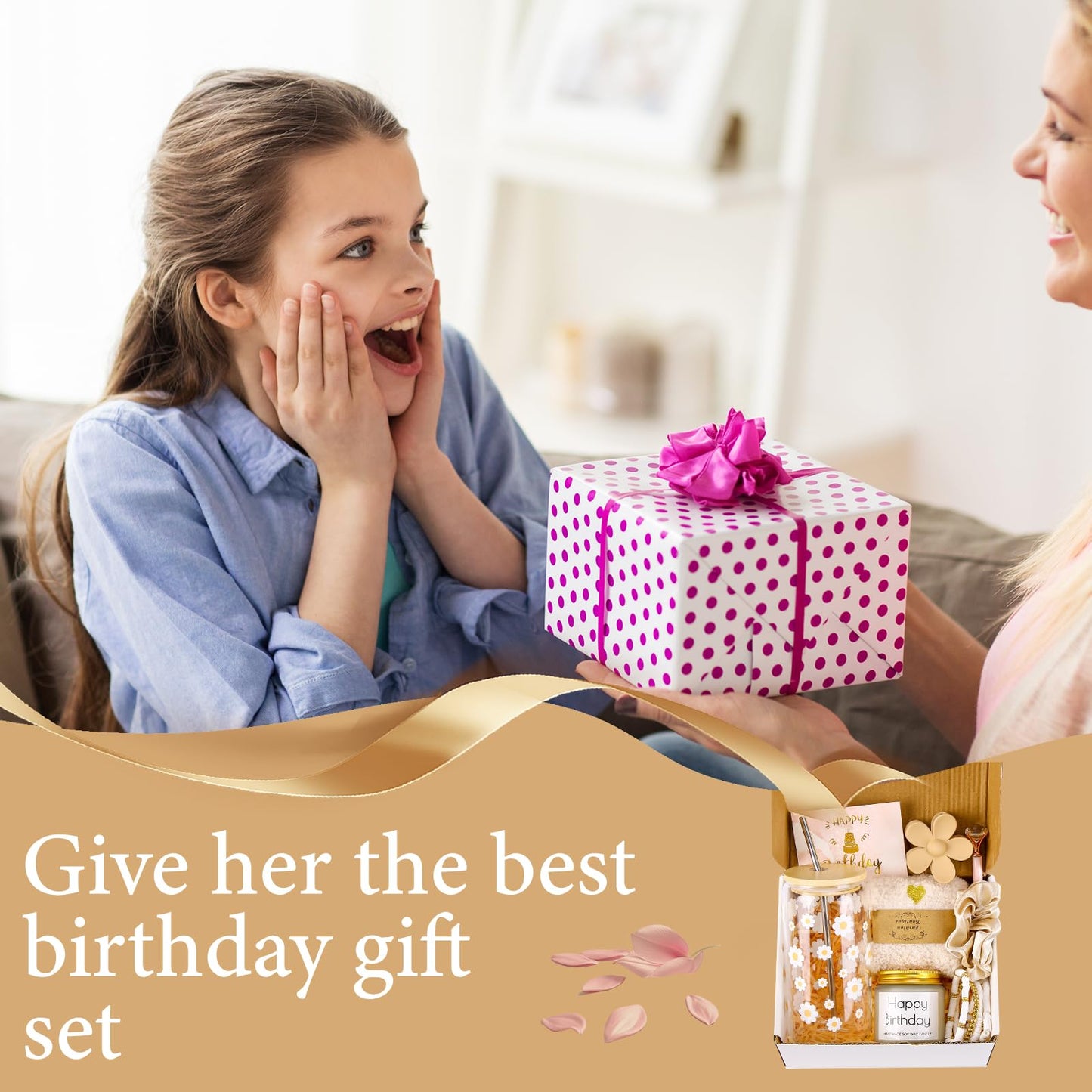 Birthday Gifts for Teen, Cute Inspirational Gift Daisy Presents Set Ideas for Sister Daughter Friends, Happy Birthday Gift Basket with Ice Glass Cup for Her (Beige)