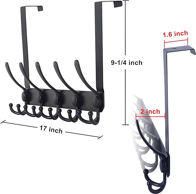 Dseap Over The Door Hook Hanger - 5 Tri Hooks, Heavy Duty Over The Door Towel Rack Coat Rack for Clothes Hat Towel, Black, 2 Packs