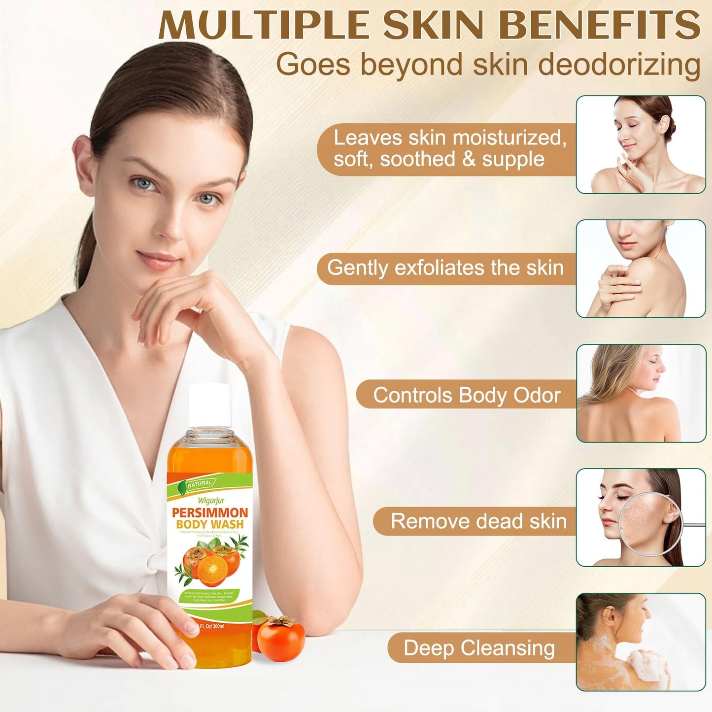 Persimmon Body Wash for Strong Body Odor, Nonenal Eliminator Purifying & Deodorizing with Natural Persimmon & Green Tea Extracts