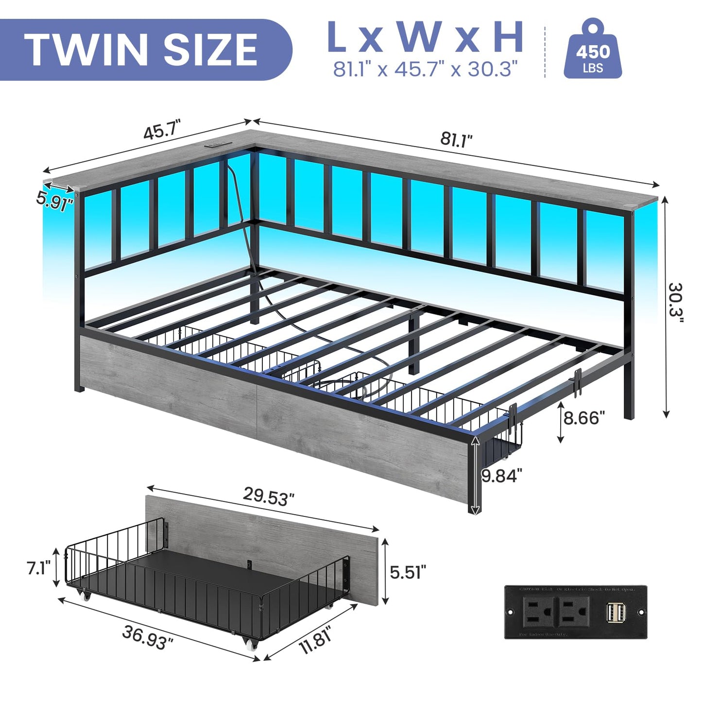 Hasuit Twin Corner Bed Frame with 2 Storage Drawers, Modern Twin Daybed with Charging Station and LED Lights for Kids Teenagers, Metal Platform Bed Frame for Bedroom, Living Room, Guest Room, Oak Gray