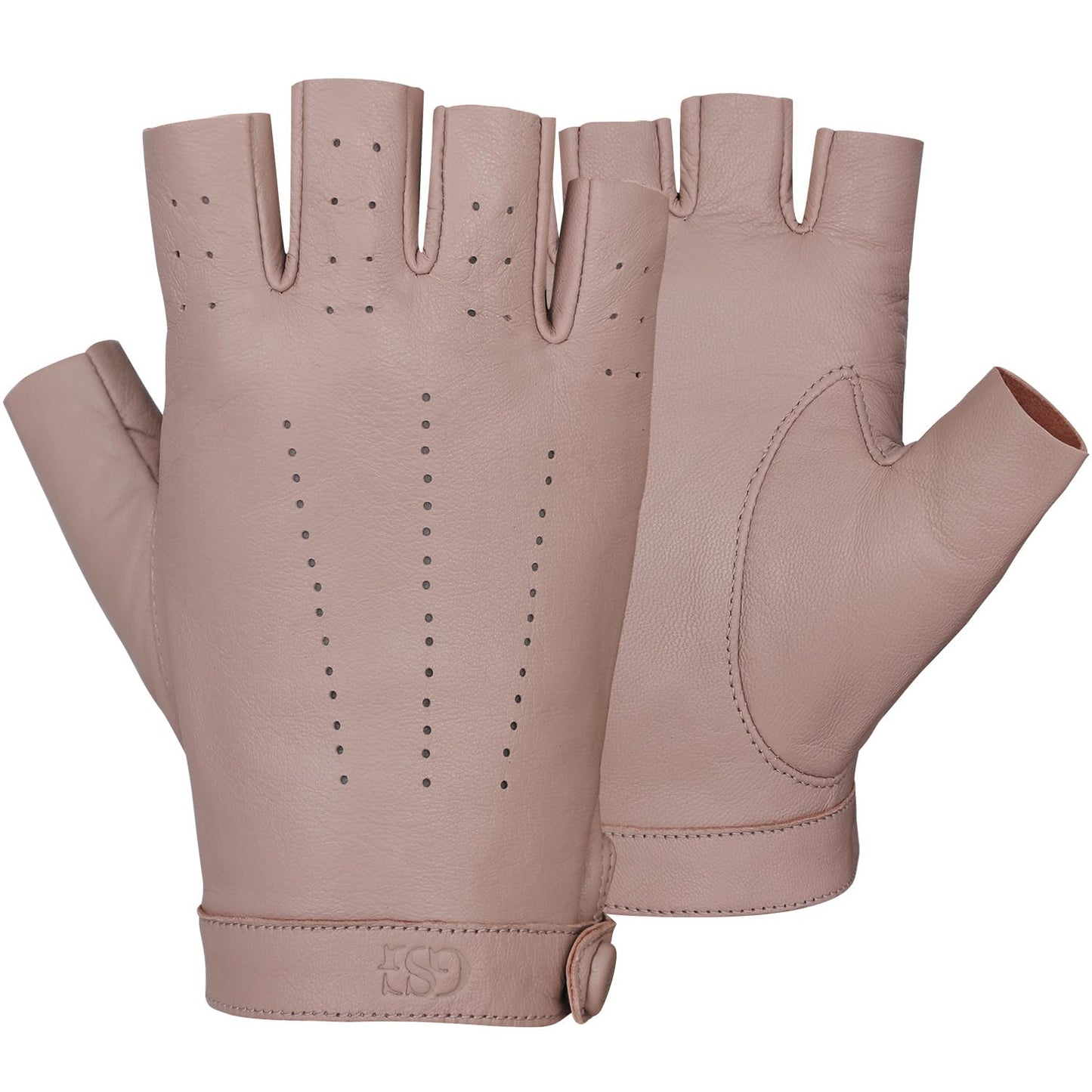 GSG Women Fingerless Sheepskin Leather Gloves & Half Finger Driving Gloves with Wrist Snap and Velvet Pouch & Soft Breathable Lambskin for Motorcycle Dance Cosplay Beige Small