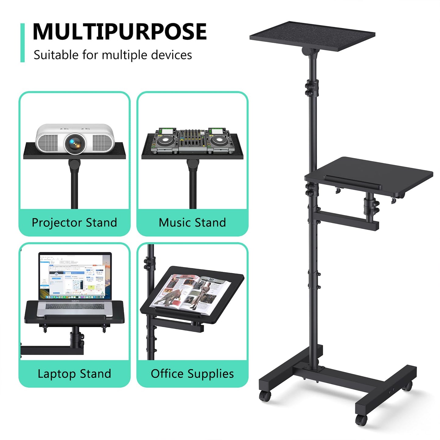 Projector Stand Tripod: 2 Shelves Mobile Laptop Cart Adjustable Height 45 to 64 Inches, Rolling Laptop Stand Cart with Ventilated Tray, Projector Tripod Stand on Wheels for Couch, Bedside, Meeting