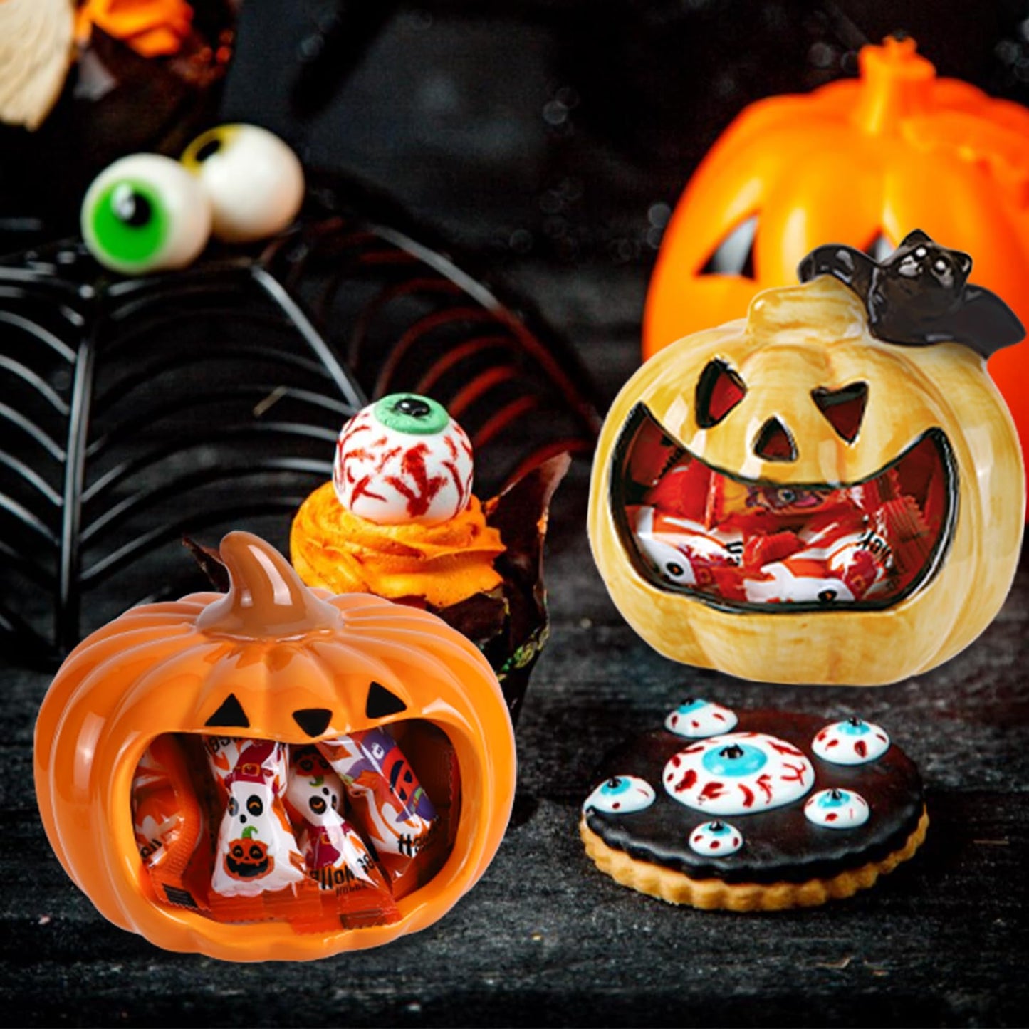 DIYDEC 2pcs Halloween Candy Bowls, Pumpkin Candy Dish Candle Holder Pumpkin Ceramic Bowl Tableware Decorations for Halloween Tiered Tray Ornament Home Decor