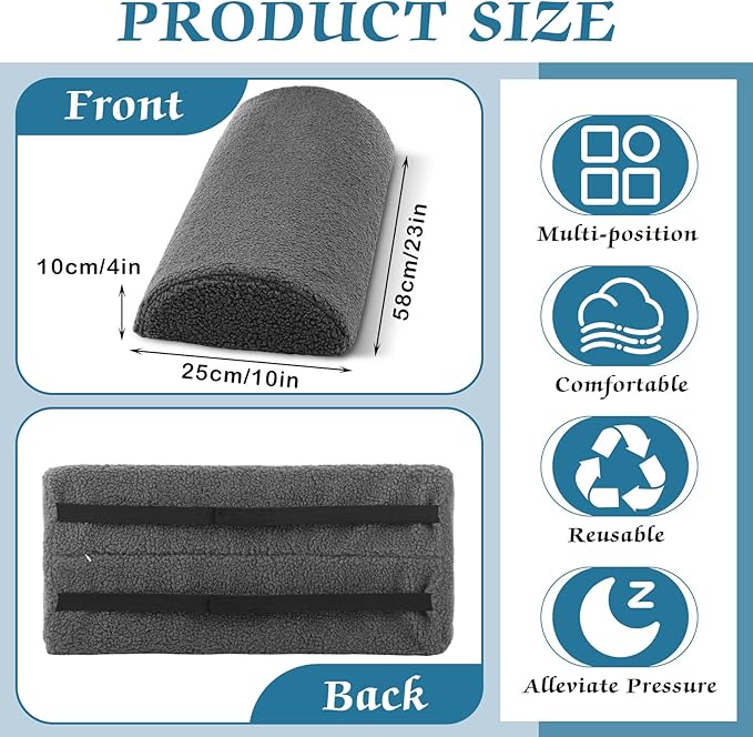 Queekay Health Large Half Moon Bolster Pillow for Legs, Knees, Lower Back and Head, Lumbar Support Pillow for Bed Sleeping Semi Roll for Ankle and Foot Comfort Washable Cover (Grey)