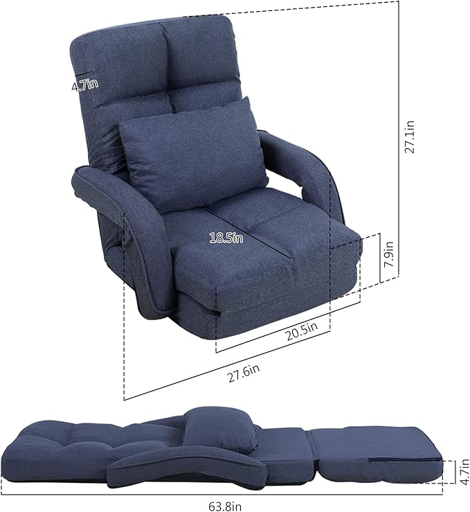 DeeLyan Indoor Floor Chair with Armrest and Pillow Folding Chaise Lounge Sofa 14-Position Adjustable Comfy Gaming Recliner Chair Padded Seats for Adults (Blue)