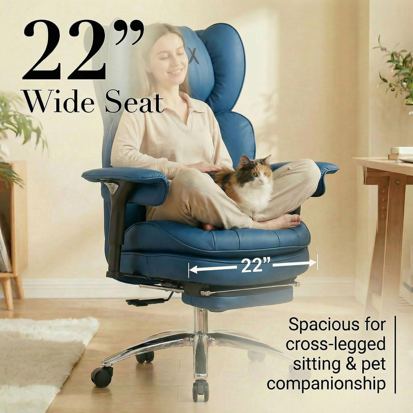 Efomao Big & Tall Executive Office Chair with Footrest - 400lbs Heavy Duty High Back PU Leather Desk Chair, Modern Ergonomic Reclining Computer Chair, Blue