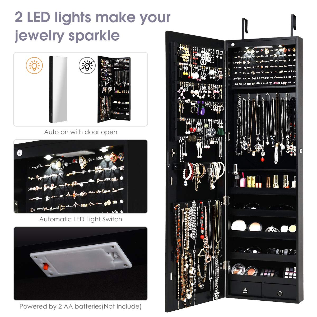 AUGESTER Jewelry Armoire Cabinet with Full-Length Mirror, 2 LEDs, 2 Keys, Makeup Pouch, Bracelet Rod, 2 Drawers, Wall Door Mounted, Full Screen Jewelry Cabinet for Bedroom (Black)