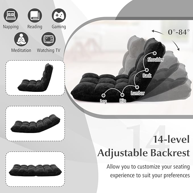Folding Floor Chair w/Back Support, 14-Position Adjustable Lazy Sofa Chair w/Coral Velvet Fabric & Alloy Steel Frame, Portable Meditation Chair for Reading, Gaming,Sleeping (Black)