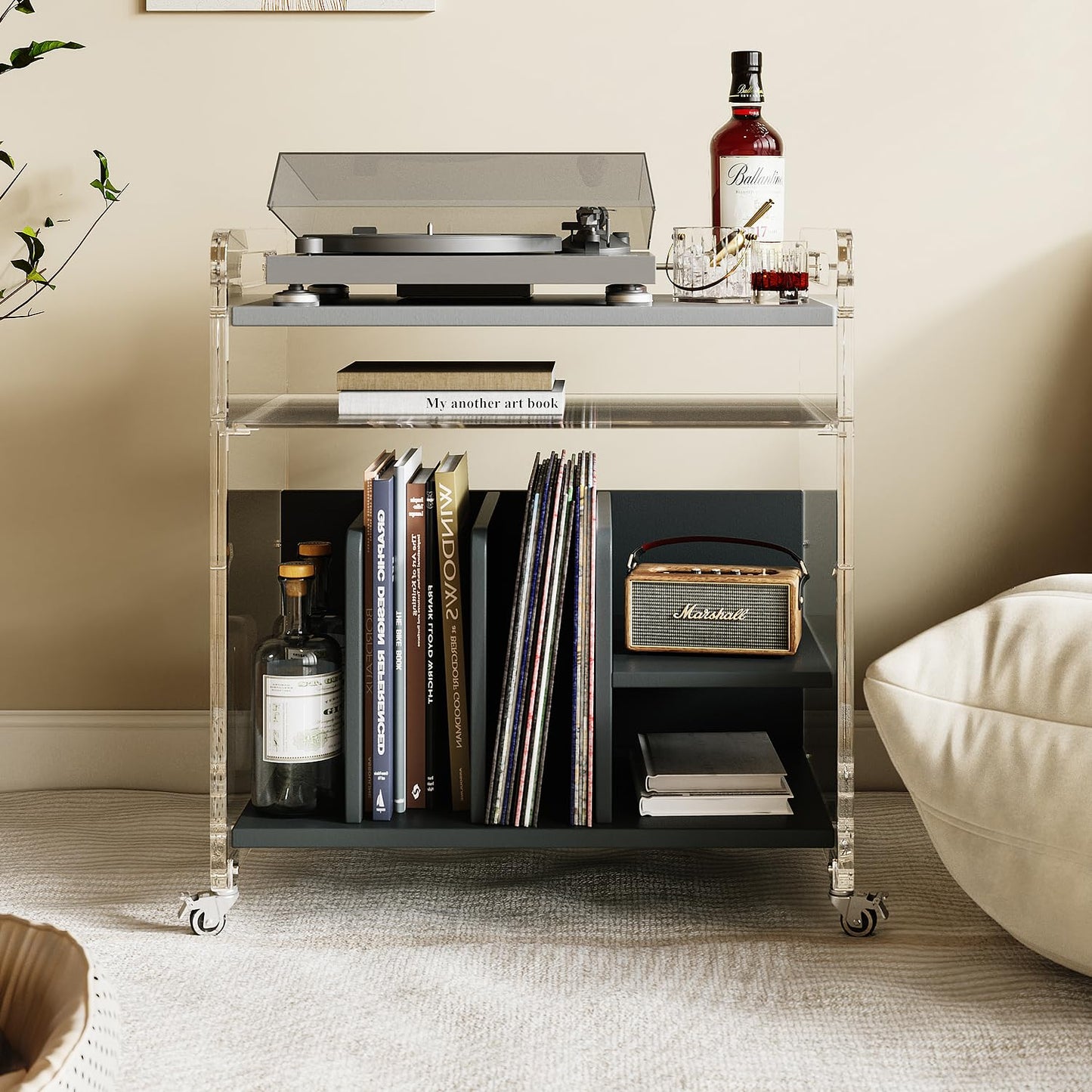 mollveesen Acrylic Record Player Stand，Vinyl Storage Holder Cabinet with Wheels，Large Turntable Stand with Shelf,Coffe Table Movable End Table Nightstand Stereo Cabinet for Living Room Bedroom Office