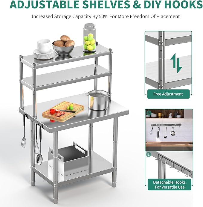 YITAHOME NSF Stainless Steel Table with Overshelves, 30" X 24" Work Table with 30" X 12" Shelf, Metal Table Prep Table for Home Kitchen Restaurant Garage Warehouse