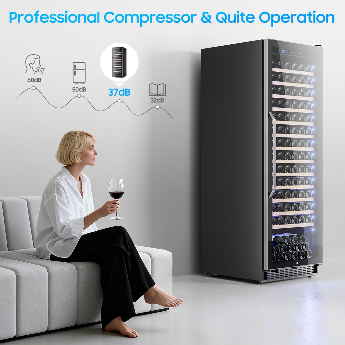 158 Bottles Wine Cooler Refrigerator, 24 Inch Built-in/Freestanding Wine Fridge with Upgraded Compressor, Fast Cooling, Intelligent Temperature Memory, Low Noise, 41℉-64℉ Large Capacity Wine Cooler