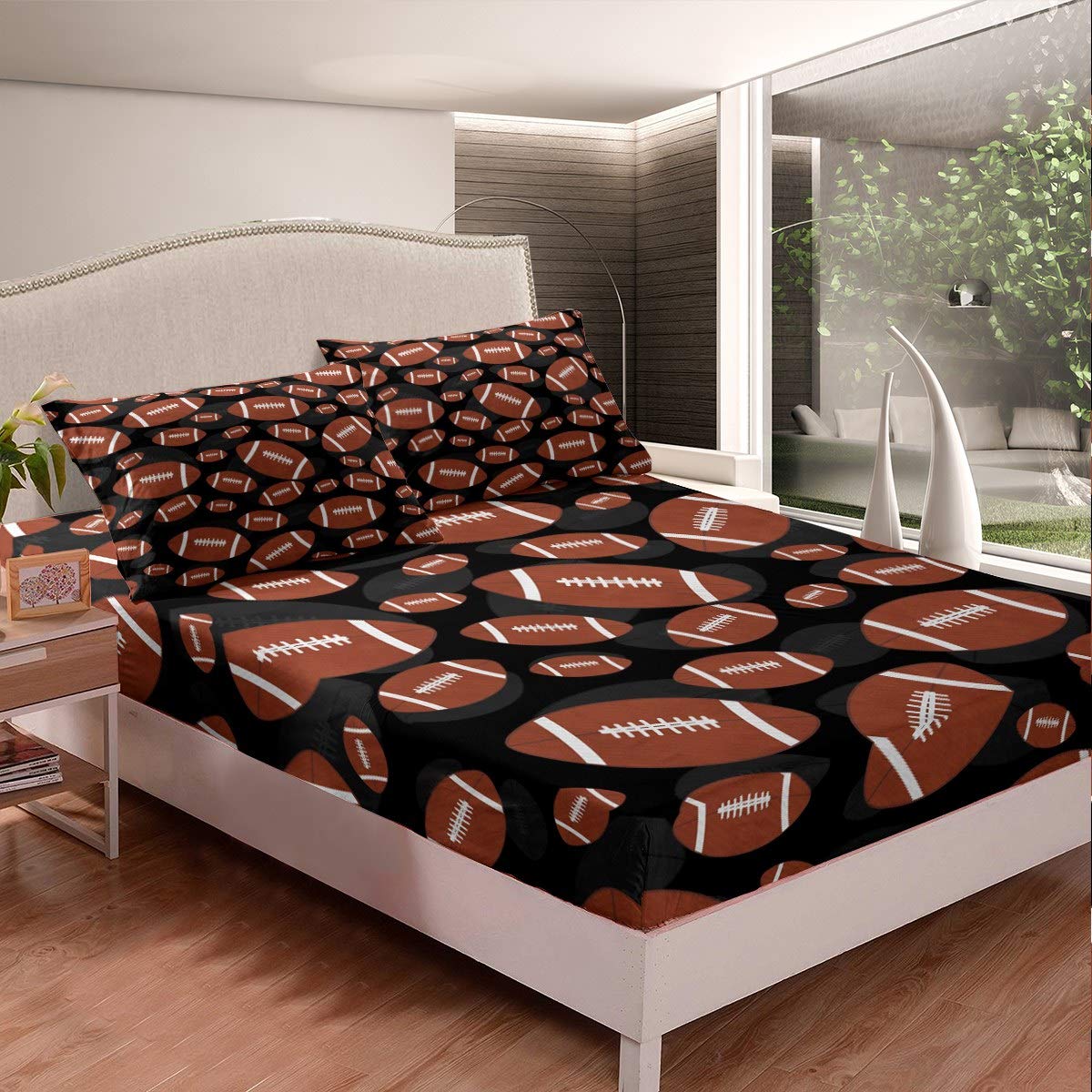 Feelyou Football Bed Sheets Sports Theme Bed Sheet Set for Kids Boys Girls Rugby Game Bedding Set Ball Games Competition Fitted Sheet Bedroom Collection 3Pcs Queen Size