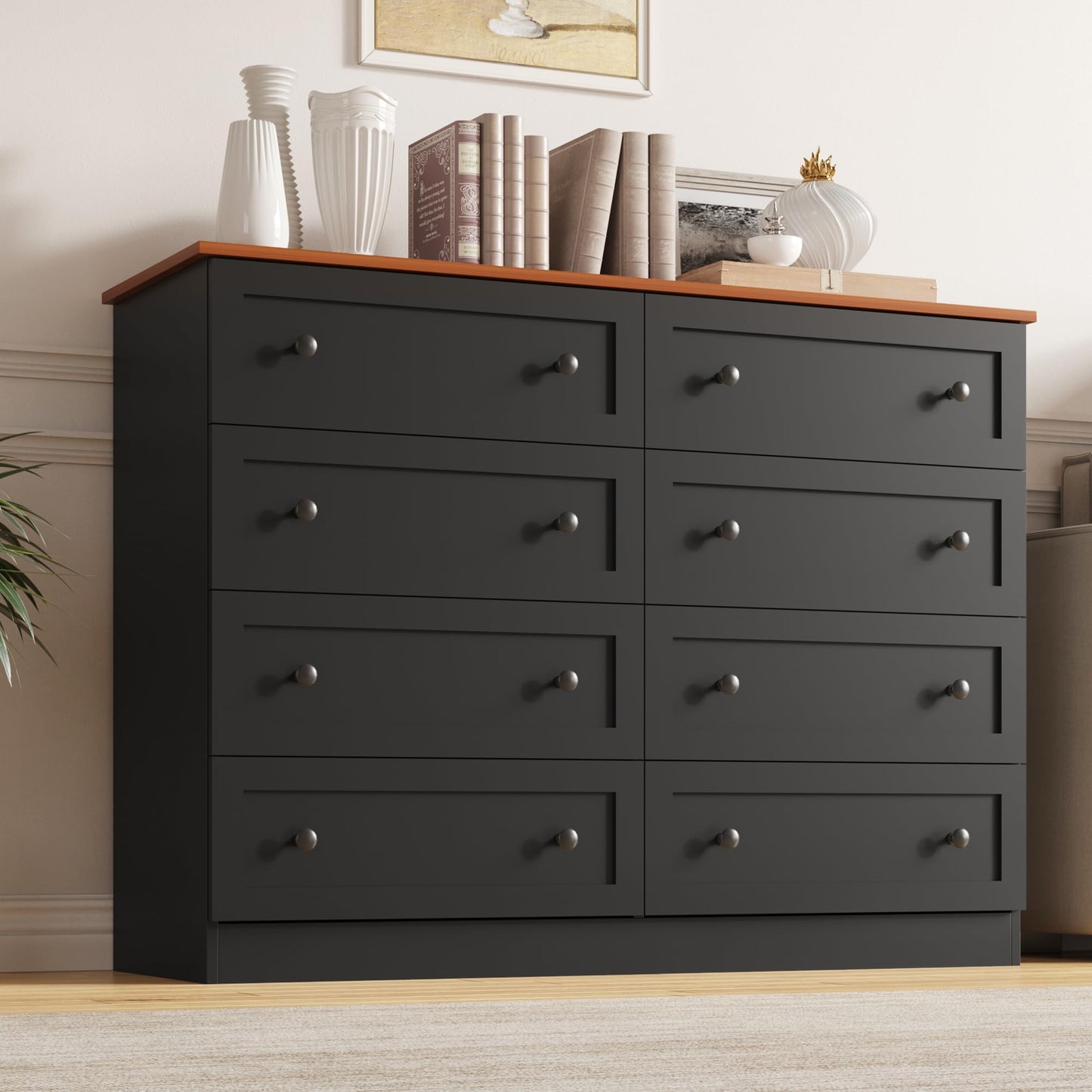 Furnify 8 Drawer Dresser for Bedroom, Farmhouse Dresser for Closet 8 Drawer, Wide Modern Chest of Drawers, Storage Cabinet, Bedroom, Living Room, Entryway, Black