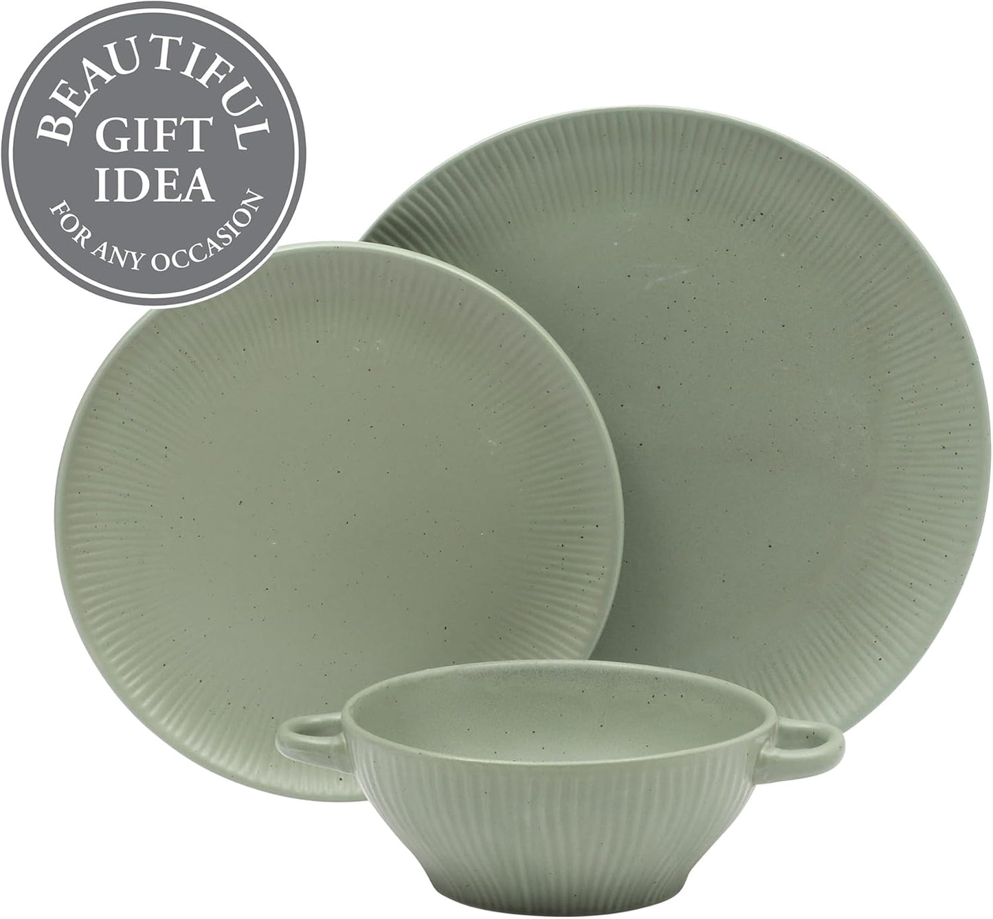 Gibson Elite Clover Hill 12-Piece Stoneware Dinnerware Set – Assorted Colors in Sage Green, Charcoal, Taupe & Cream – Embossed Reactive Glaze Plates & Bowls, Microwave & Dishwasher Safe, Service for 4