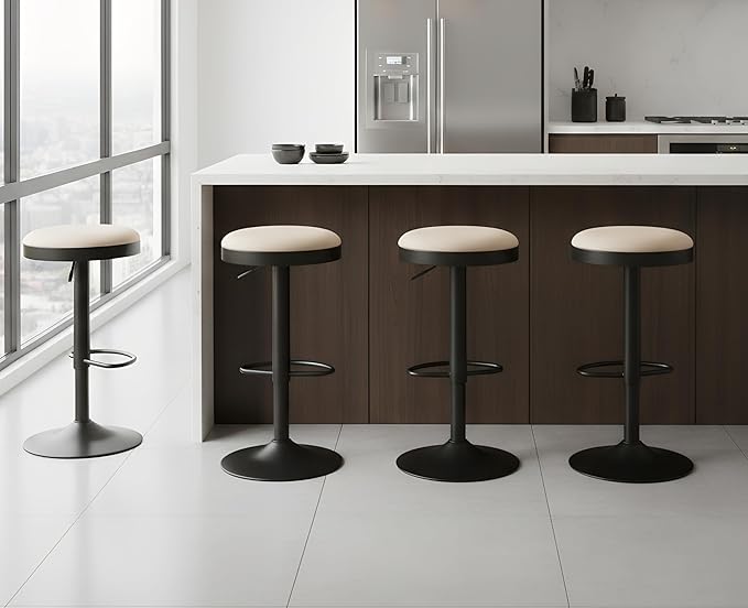 EALSON Modern Swivel Bar Stools Set of 4 Adjustable Counter Height Backless Barstools with Metal Base Leather Upholstered Round Bar Stool Chairs for Kitchen Island/Pub/Breakfast Bar, Beige