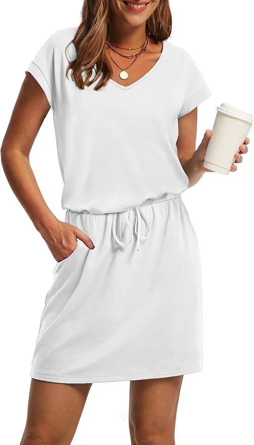 OFEEFAN Summer Dresses for Women 2026 V Neck T Shirt Casual Mini Dresses Tie Waist Sundresses with Pockets